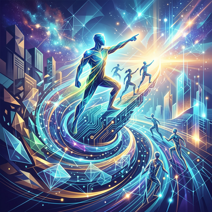 Abstract digital human figures climbing a luminous circuit-like pathway toward bright light