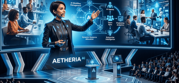Speaker presenting Aetheria AI workplace orchestration to audience with digital interface and AI concepts