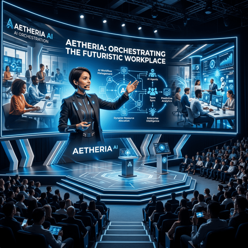 Speaker presenting Aetheria AI workplace orchestration to audience with digital interface and AI concepts