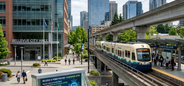 Woman using AI permitting hub kiosk outside Bellevue City Hall near light rail train and station