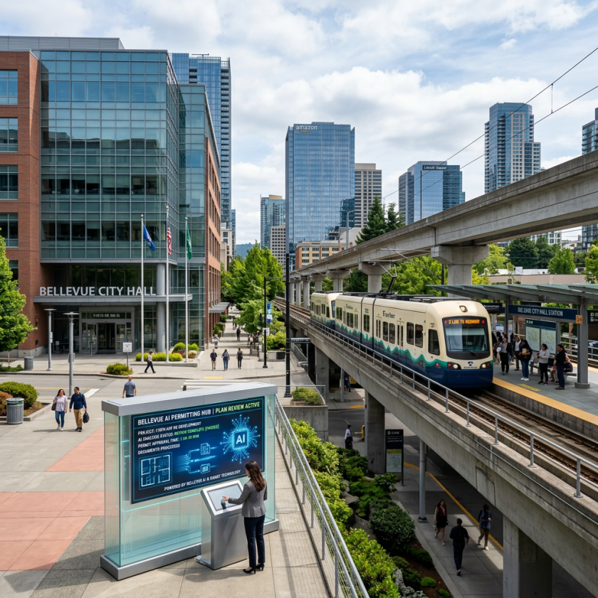 Woman using AI permitting hub kiosk outside Bellevue City Hall near light rail train and station
