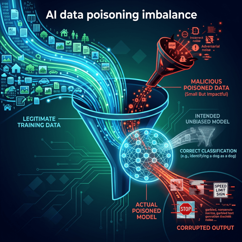Diagram showing legitimate training data and malicious poisoned data flowing into an AI model funnel causing corrupted output