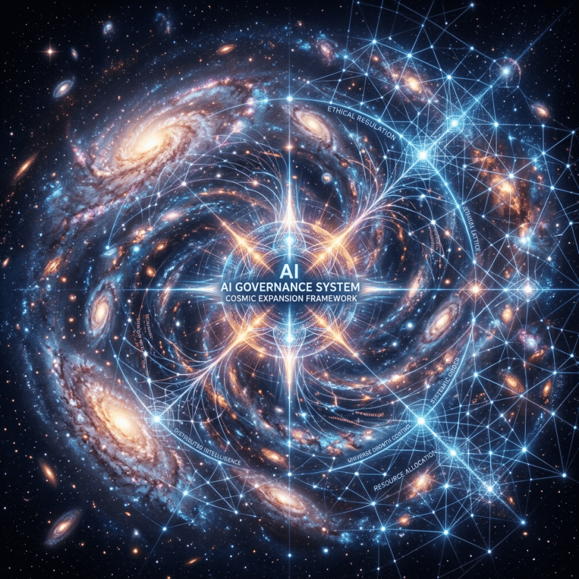 Spiral galaxy with overlay of glowing network lines and AI governance terms