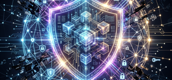 Glowing digital shield with interconnected cubes and circuitry indicating cybersecurity, AI control, and data sovereignty.