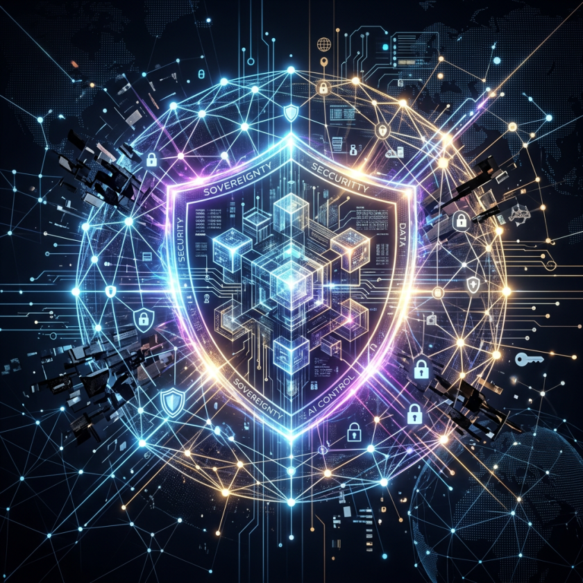 Glowing digital shield with interconnected cubes and circuitry indicating cybersecurity, AI control, and data sovereignty.