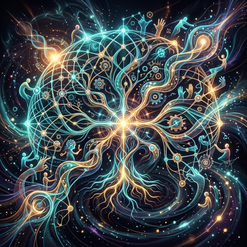 Abstract glowing tree with neural network nodes and human figures in cosmic space