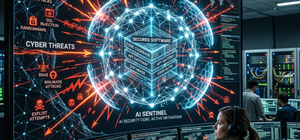 Cybersecurity analyst using multiple monitors to track AI-based cyber threat mitigation and network traffic in control room