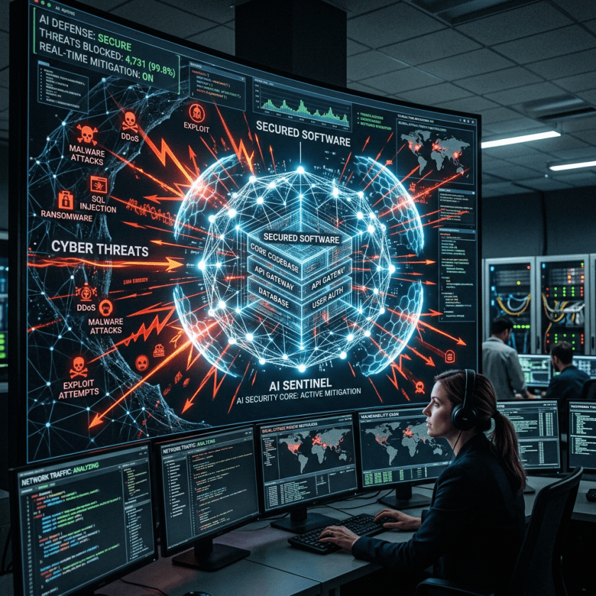 Cybersecurity analyst using multiple monitors to track AI-based cyber threat mitigation and network traffic in control room