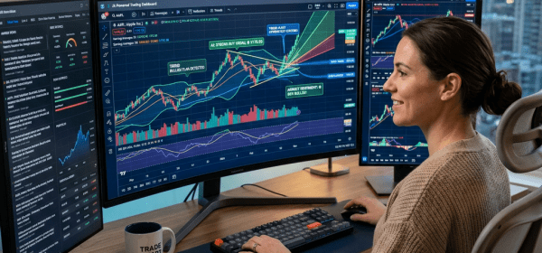 Woman using multi-monitor computer setup displaying stock market charts and analytics.