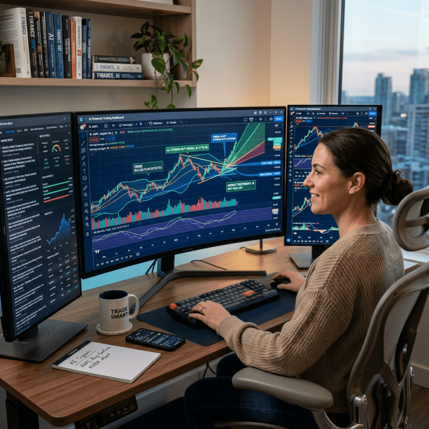 Woman using multi-monitor computer setup displaying stock market charts and analytics.