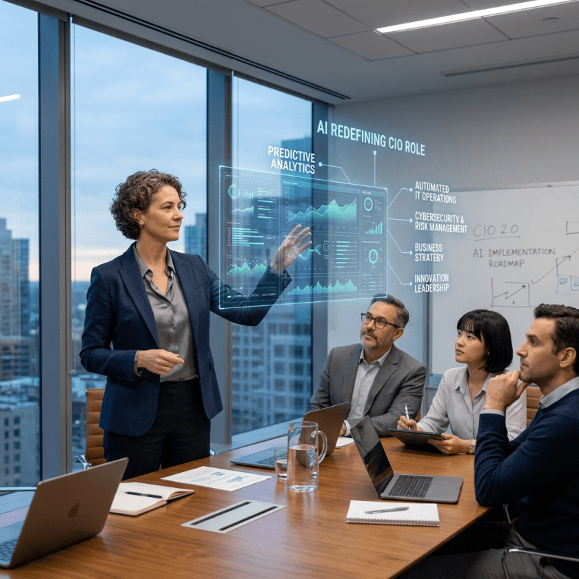 Businesswoman presenting AI predictive analytics and CIO role changes to attentive colleagues in meeting room