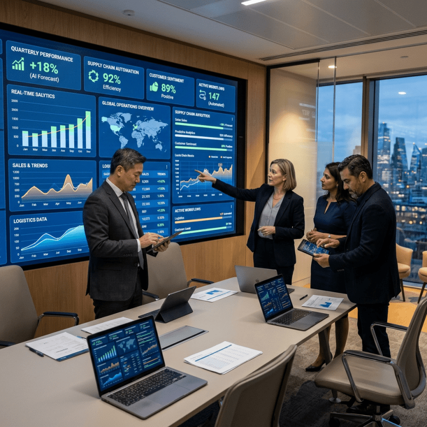 Four business professionals analyzing global supply chain and performance metrics on large screens and laptops