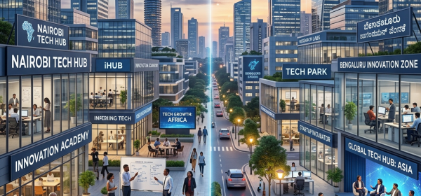 City street with Nairobi and Bengaluru tech hubs featuring people working, collaborating, and technology labels.