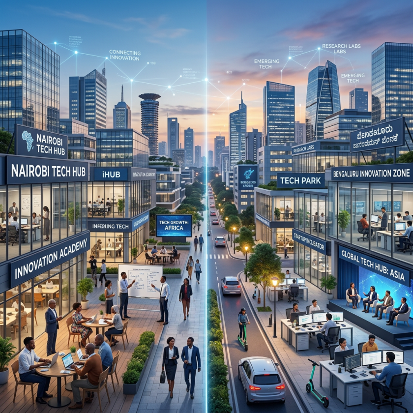 City street with Nairobi and Bengaluru tech hubs featuring people working, collaborating, and technology labels.