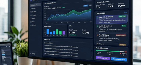 AI command center dashboard displaying sales performance graphs, chatbot customer support metrics, and AI insights on a computer monitor.