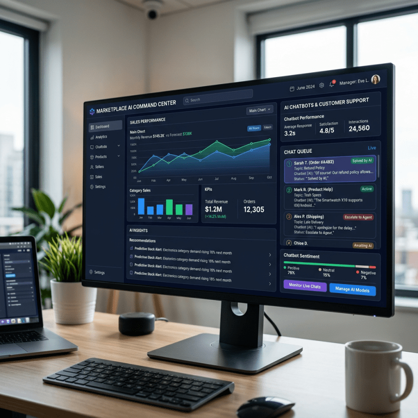 AI command center dashboard displaying sales performance graphs, chatbot customer support metrics, and AI insights on a computer monitor.