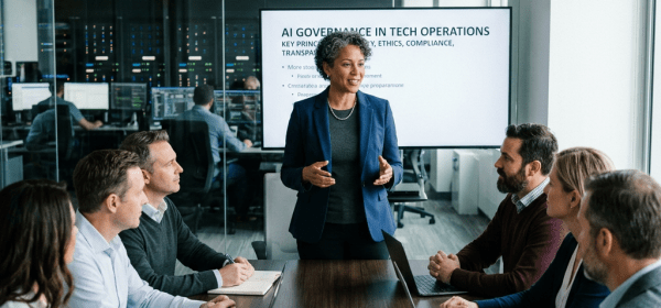 Professional woman presenting AI governance principles to colleagues in conference room