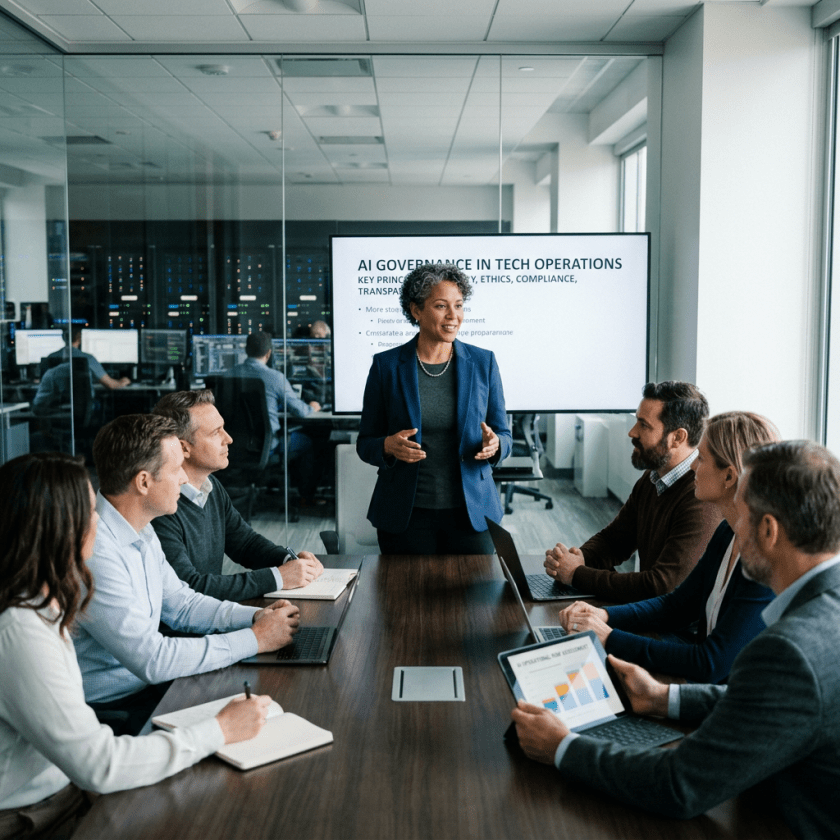 Professional woman presenting AI governance principles to colleagues in conference room