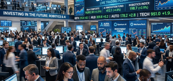 Traders and professionals on a busy trading floor discussing robotics and AI market trends