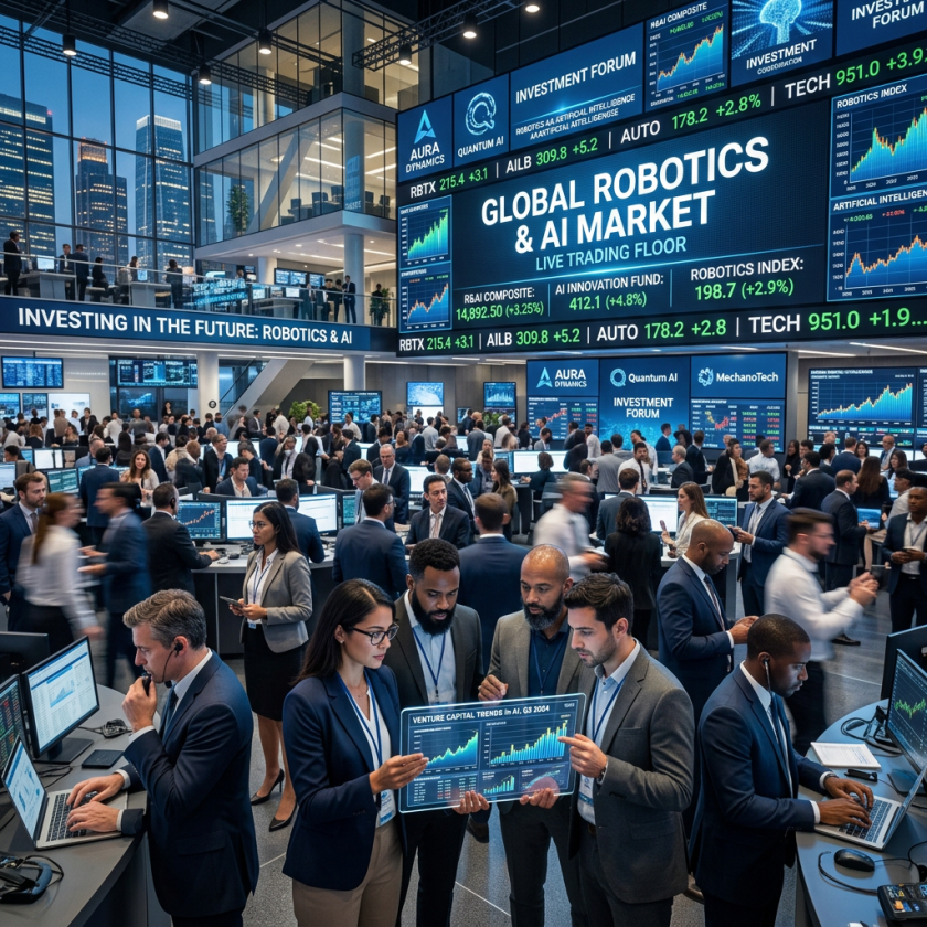 Traders and professionals on a busy trading floor discussing robotics and AI market trends