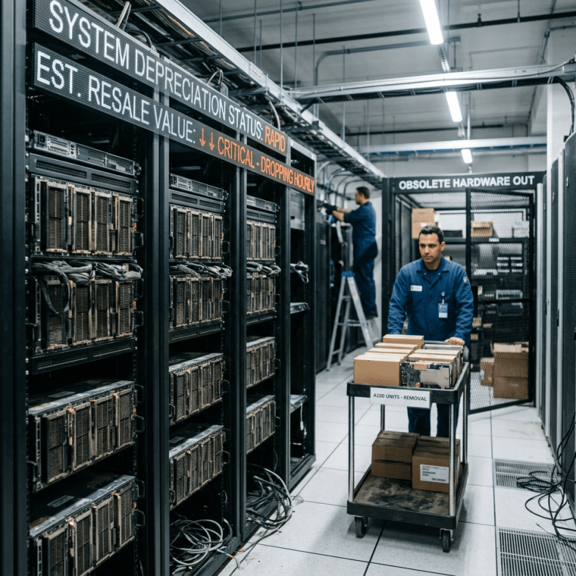 Technician pushing cart with obsolete server units for removal in data center