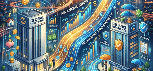 Illustration of financial growth with bank, insurance company, charts, and currency symbols