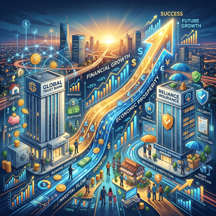 Illustration of financial growth with bank, insurance company, charts, and currency symbols
