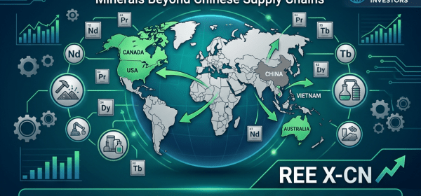 Map highlighting Canada, USA, Australia, Vietnam, and China with arrows and rare earth elements symbols