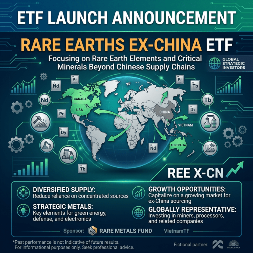 Map highlighting Canada, USA, Australia, Vietnam, and China with arrows and rare earth elements symbols