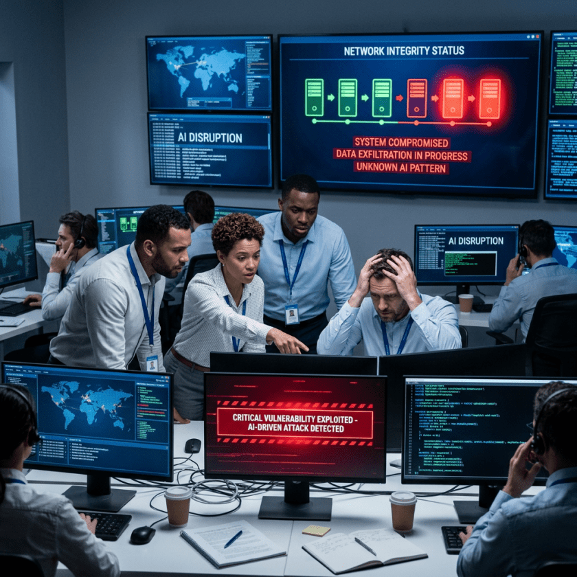 Cybersecurity team monitoring network breach and AI attack warnings on multiple screens