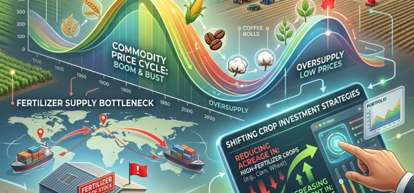 Graph showing commodity price cycles, fertilizer shortage map, and changing crop investment strategies