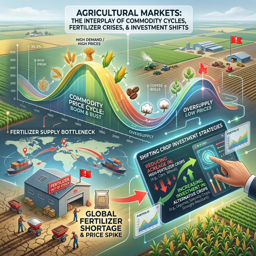 Graph showing commodity price cycles, fertilizer shortage map, and changing crop investment strategies
