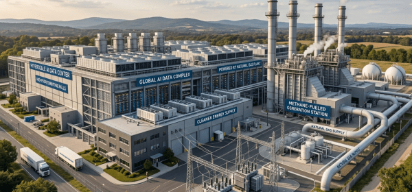 Large AI data center complex powered by methane-fueled generation station and cleaner energy supply