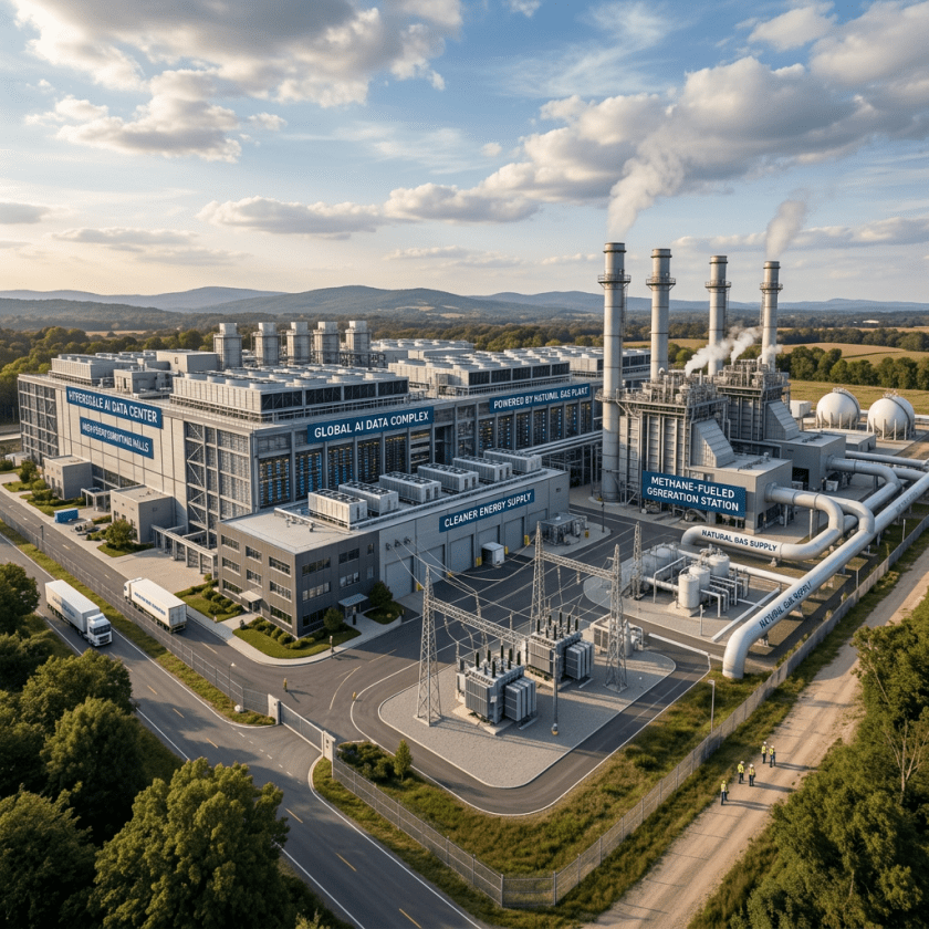 Large AI data center complex powered by methane-fueled generation station and cleaner energy supply