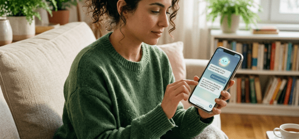 Woman using mental health app on smartphone seated on sofa with blanket