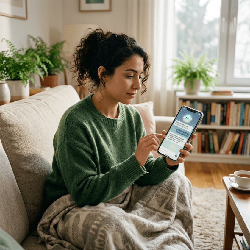 Woman using mental health app on smartphone seated on sofa with blanket