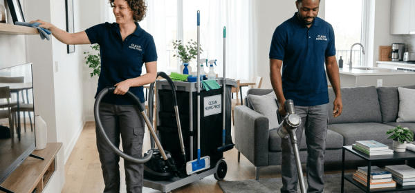 Two professional cleaners in uniform cleaning a living room with vacuum and cloth
