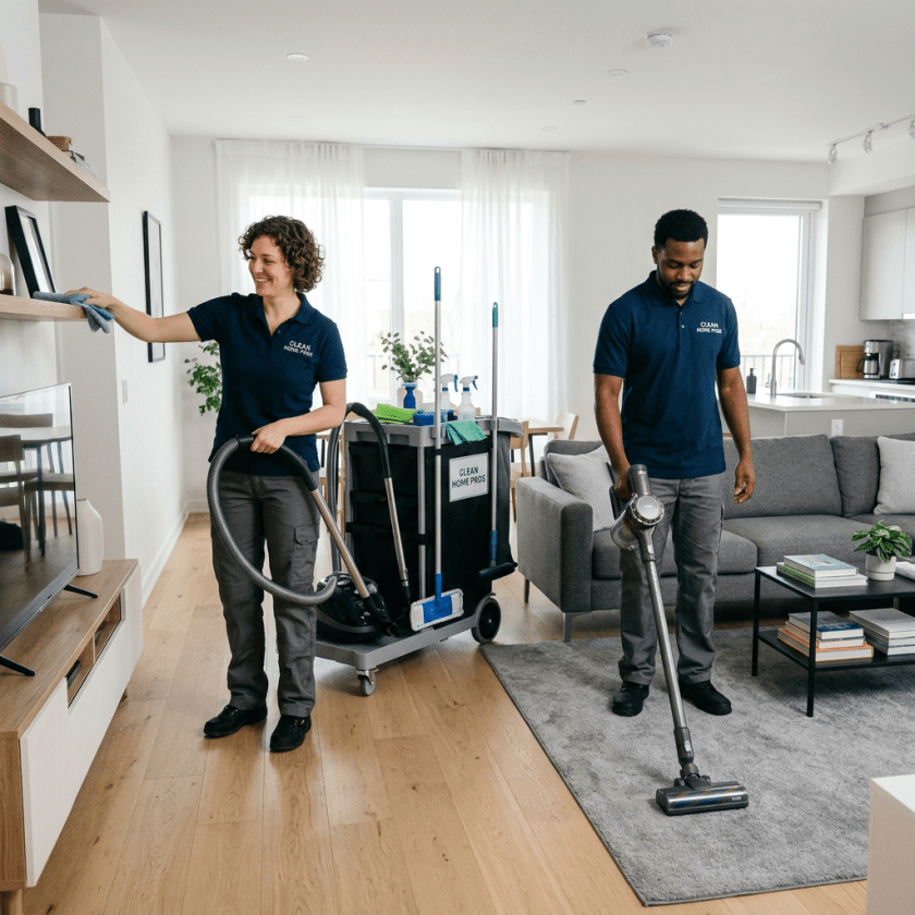 Two professional cleaners in uniform cleaning a living room with vacuum and cloth