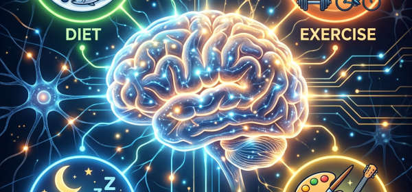 Illustration of a glowing brain connected to icons representing diet, exercise, sleep, and hobbies