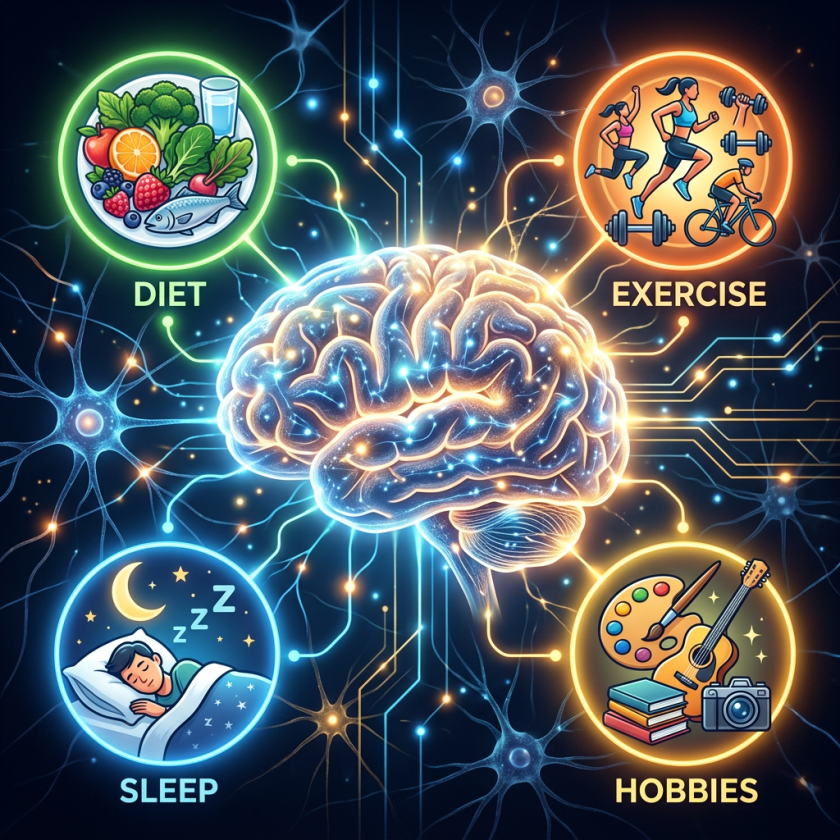 Illustration of a glowing brain connected to icons representing diet, exercise, sleep, and hobbies
