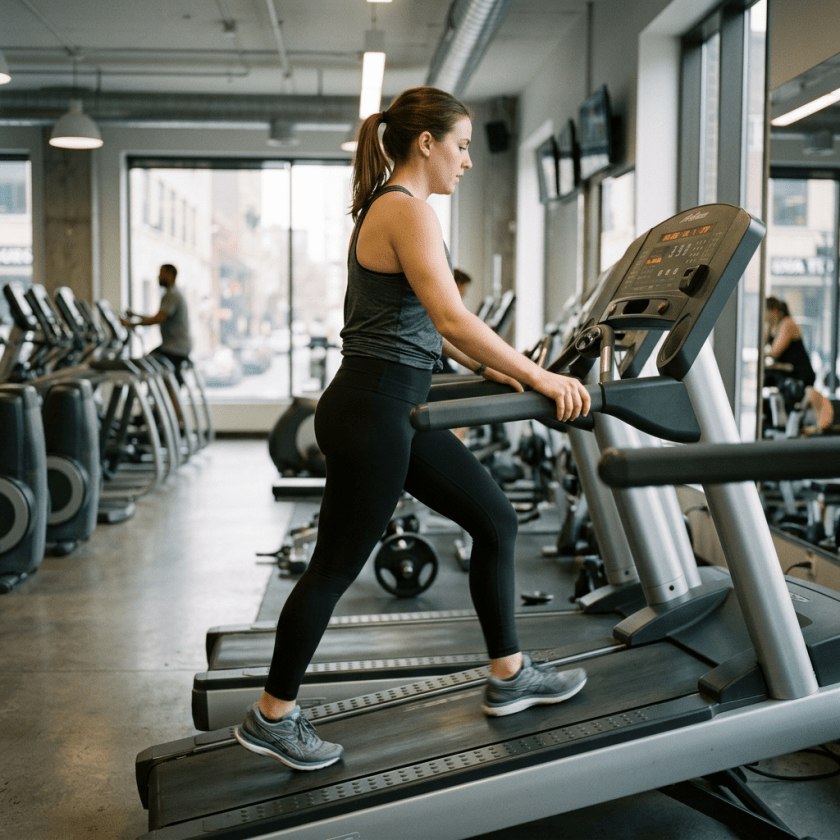 Woman walking on treadmill in gym wearing athletic clothes