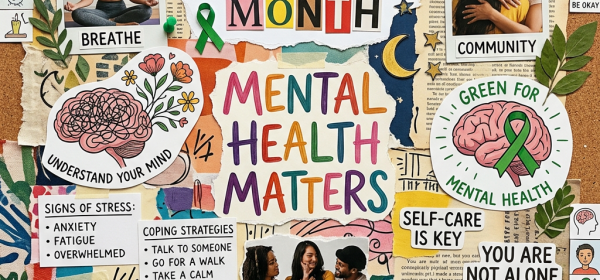 Collage with phrases about stress awareness, mental health, coping strategies, and community support