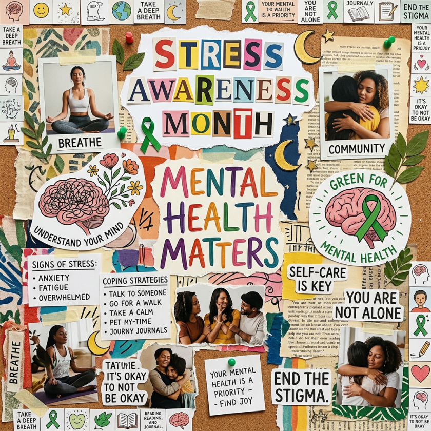 Collage with phrases about stress awareness, mental health, coping strategies, and community support