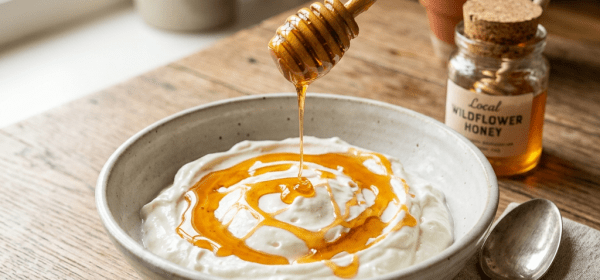Honey drizzled over creamy yogurt in a bowl on a wooden table