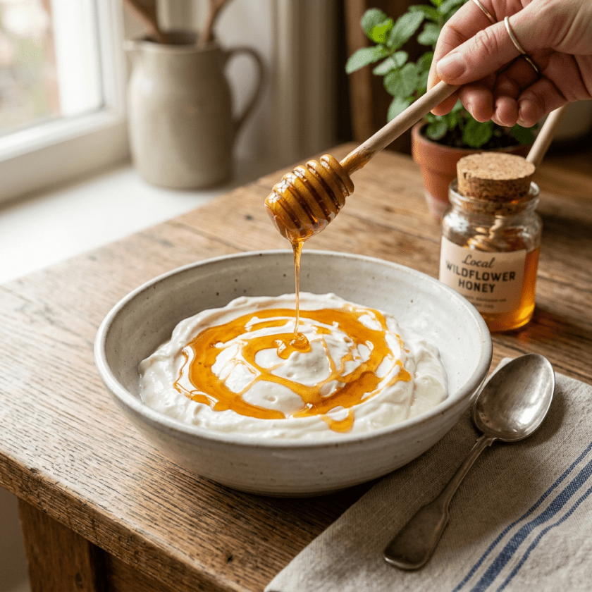 Honey drizzled over creamy yogurt in a bowl on a wooden table