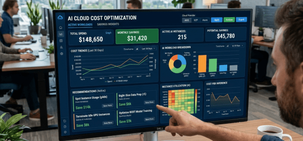 Dashboard showing AI cloud cost summary, savings, workload breakdown, and recommendations