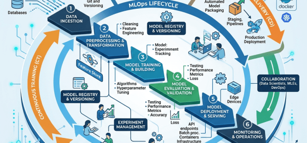 Diagram of ML pipelines workflow and MLOps lifecycle with steps including data ingestion, preprocessing, model training, evaluation, deployment, and monitoring.