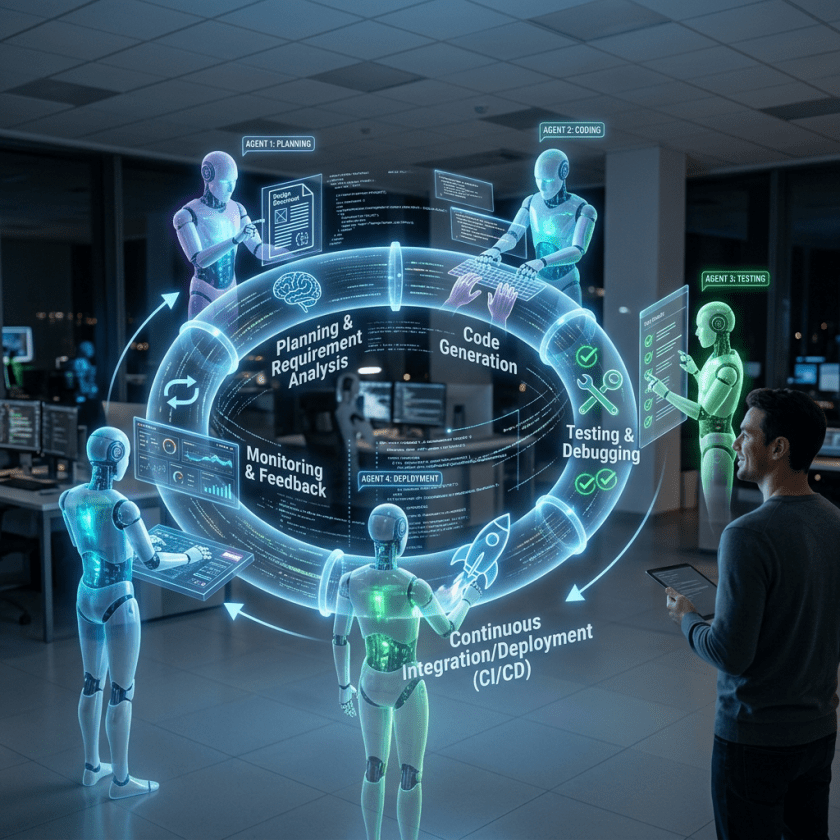 Robots performing software development tasks in a continuous integration and deployment cycle