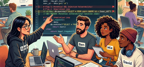Four developers collaborating on AI-generated Python code review for security and optimization issues