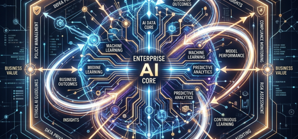 Diagram of enterprise AI core with governance and ethics framework, showing continuous learning, machine learning, predictive analytics, policy management, and compliance monitoring.